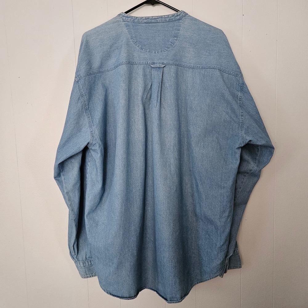 Vintage Denim Shirt Mens XL Band Collar Grandad Collar Timeless Button Up - Picture 2 of 8